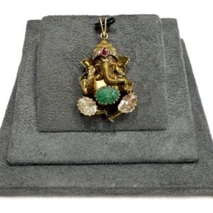 18Kt Ganesh Ji Pendant | Diamond, Polki, Emerald & Ruby Inlay