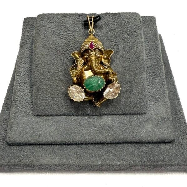 18Kt Ganesh Ji Pendant | Diamond, Polki, Emerald & Ruby Inlay